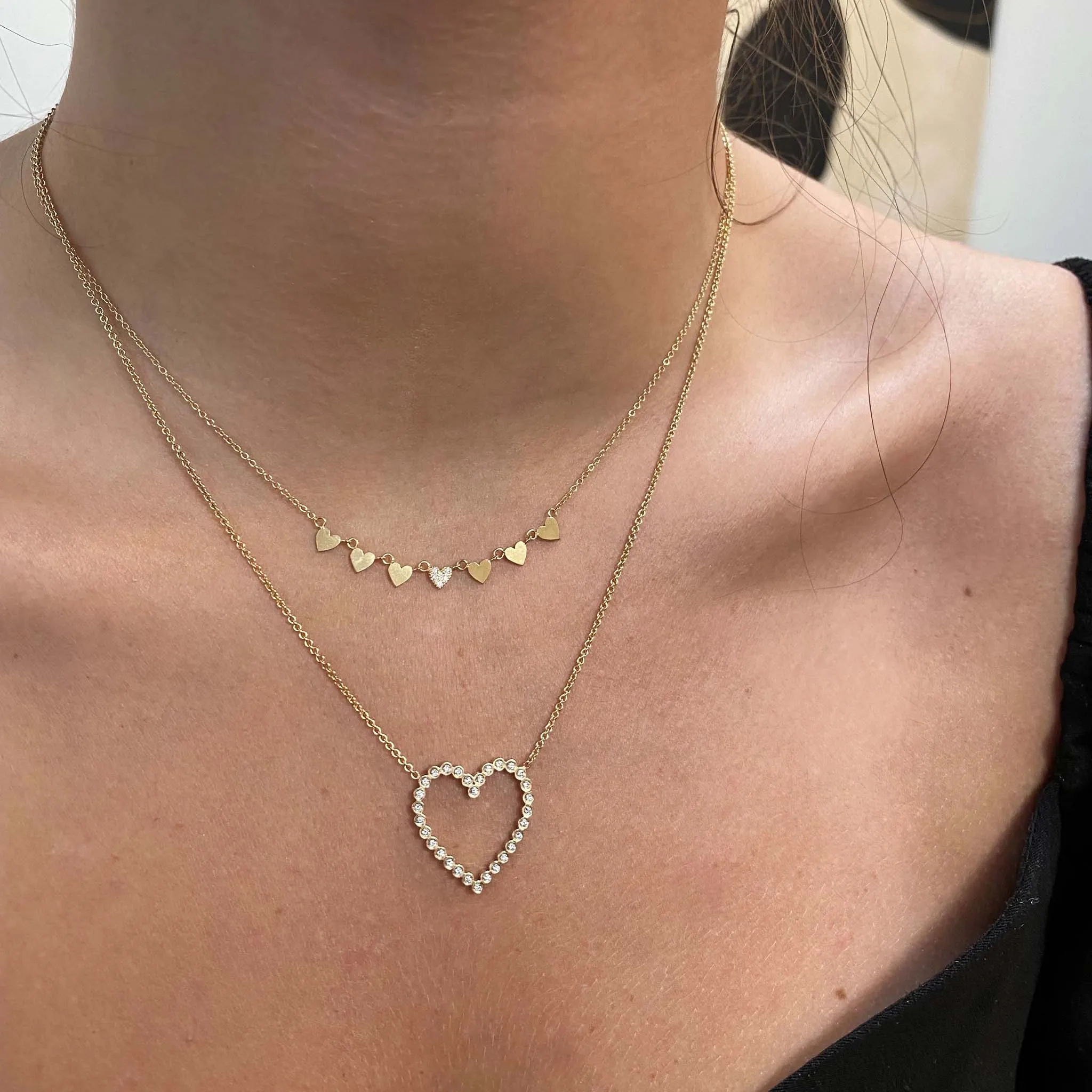 14k 7 Itty Bitty Gold & Pavé Diamond Linked Hearts Necklace