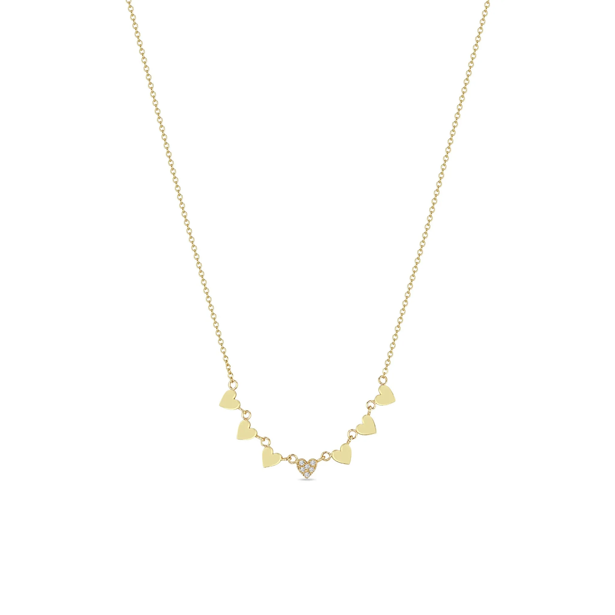 14k 7 Itty Bitty Gold & Pavé Diamond Linked Hearts Necklace