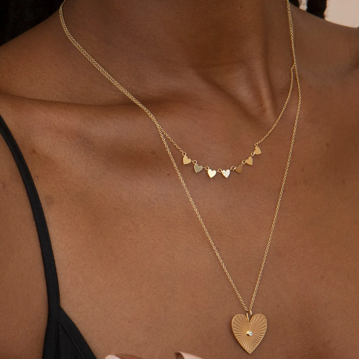 14k 7 Itty Bitty Gold & Pavé Diamond Linked Hearts Necklace