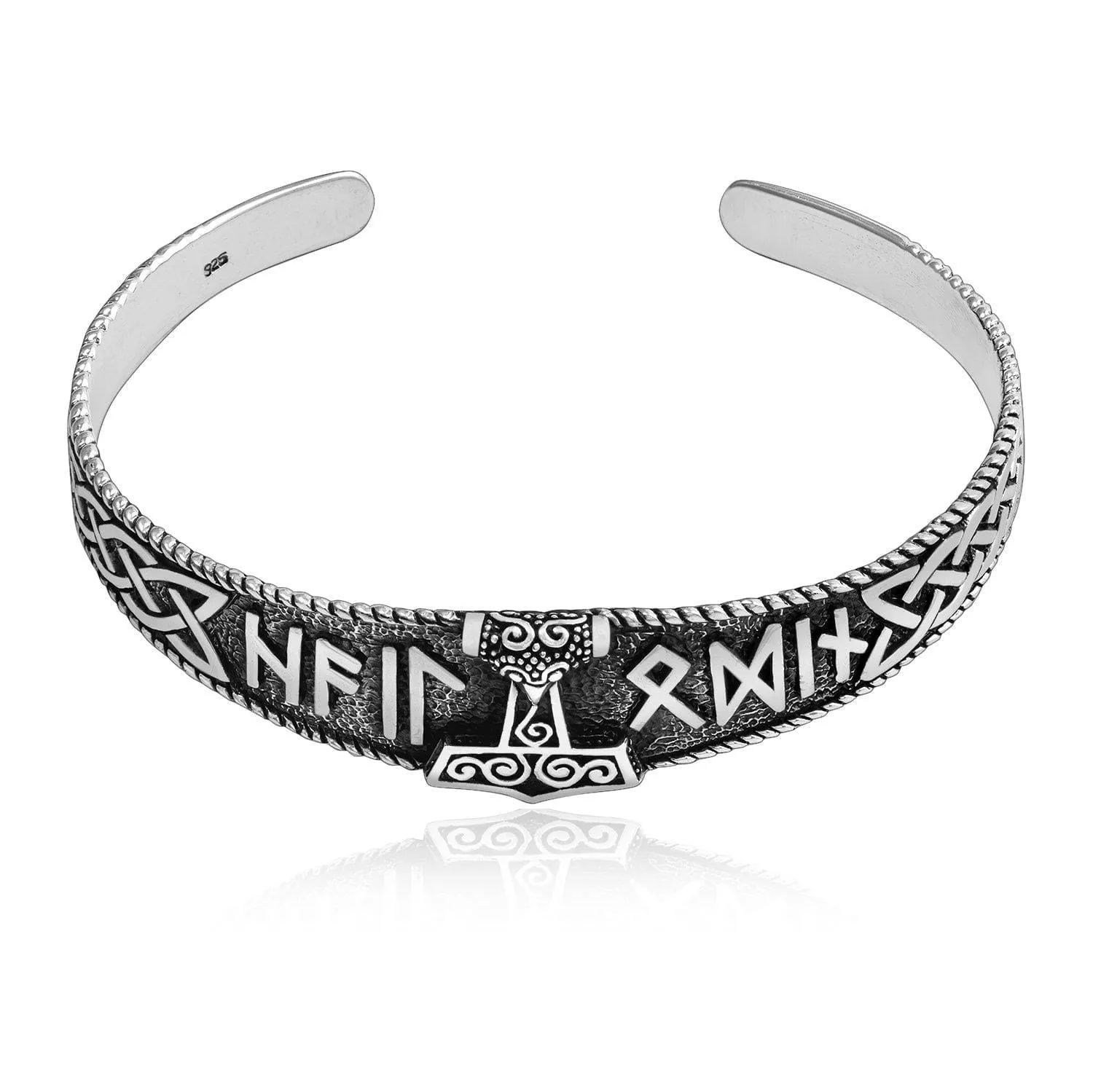 925 Sterling Silver Mjolnir and Hail Odin Rune Bracelet