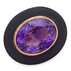 Antique 14K Yellow Gold 13.78 Carat Amethyst Enamel Mourning Brooch Pin