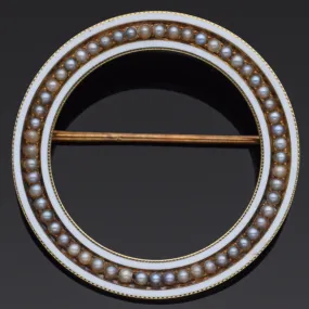 Antique Seed Pearl & White Onyx Inlay 14K Yellow Gold Open Circle Brooch Pin