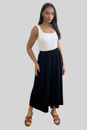 Black Elastic Waist Midi Skirt