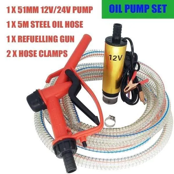 DC 12V/24V Oil Pump Refueling Gun Combination Set Electric Submersible Pump 5 meter Steel Oil Hose Submersible Fuel Pump