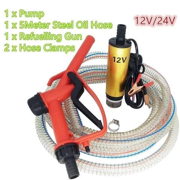 DC 12V/24V Oil Pump Refueling Gun Combination Set Electric Submersible Pump 5 meter Steel Oil Hose Submersible Fuel Pump