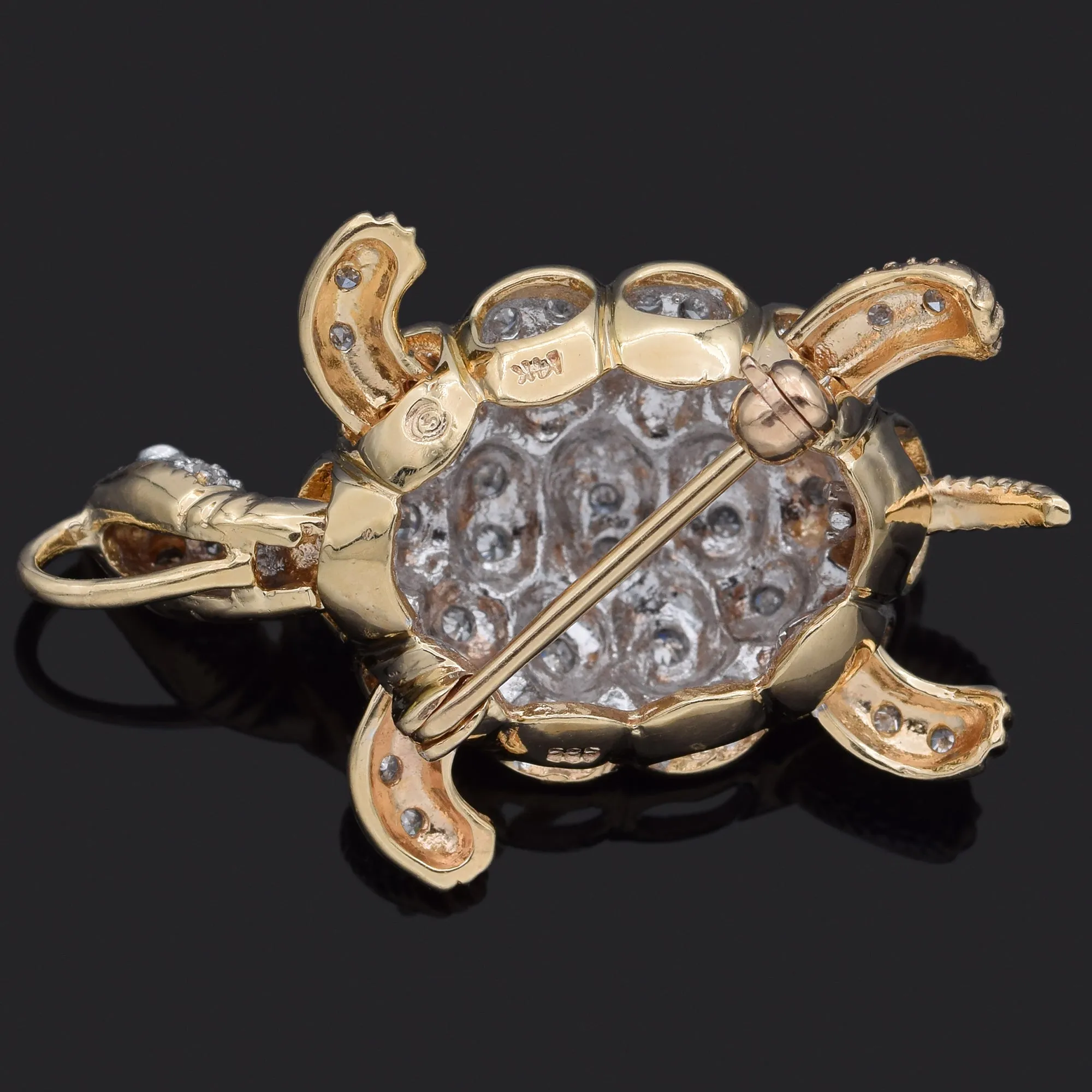 Estate 14K Yellow Gold 0.65 TCW Diamond Articulated Turtle Brooch Pin Pendant