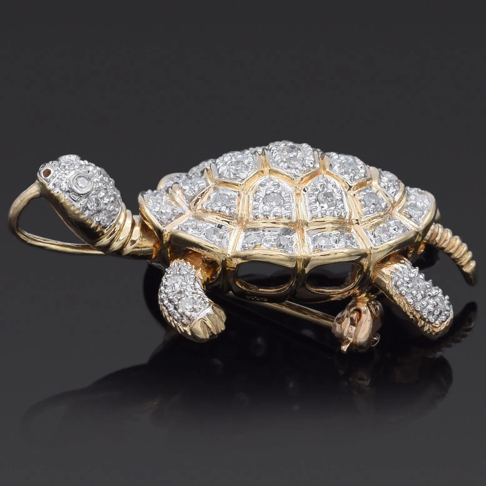 Estate 14K Yellow Gold 0.65 TCW Diamond Articulated Turtle Brooch Pin Pendant