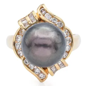 Estate 14K Yellow Gold South Sea Pearl & 0.66 TCW Diamond Cocktail Ring Size 6.5