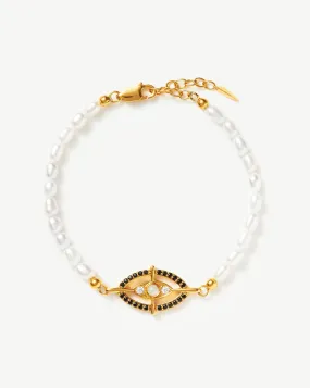 Evil Eye Amulet Pearl Pendant Bracelet | 18ct Gold Plated Vermeil/Rainbow Moonstone & Pearl