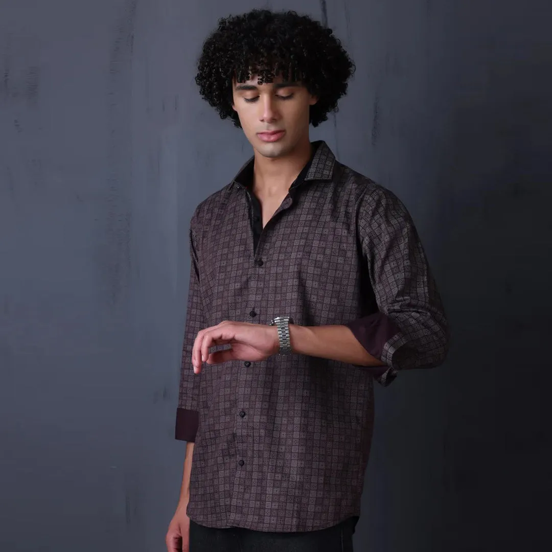 Geometrical Print Casual Shirt Brown Color