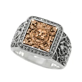 Gold Lion Head Barocco Pattern Style Signet Ring Sterling Silver 925