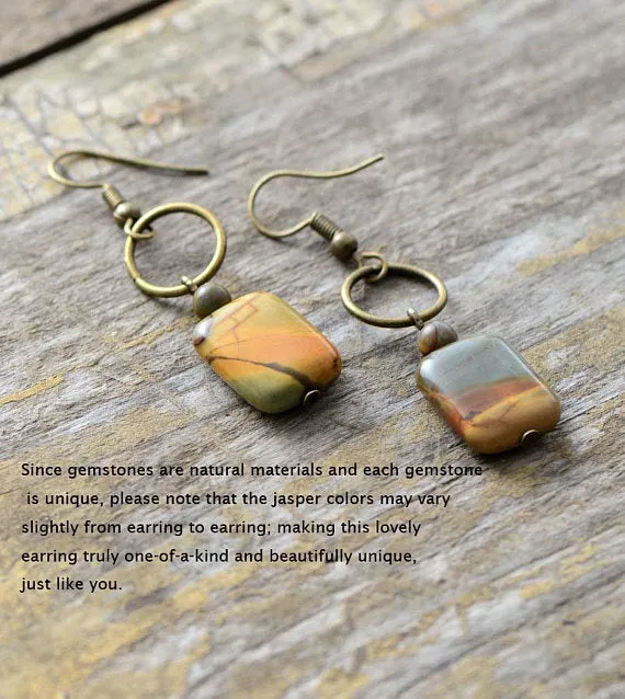 Jasper Agate Natural Stone Drop Dangle Earrings Square bronze Boho Light Blue