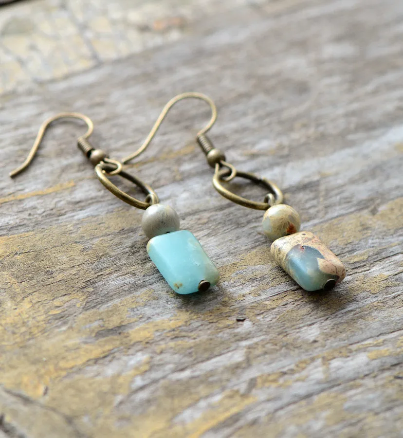 Jasper Agate Natural Stone Drop Dangle Earrings Square bronze Boho Light Blue