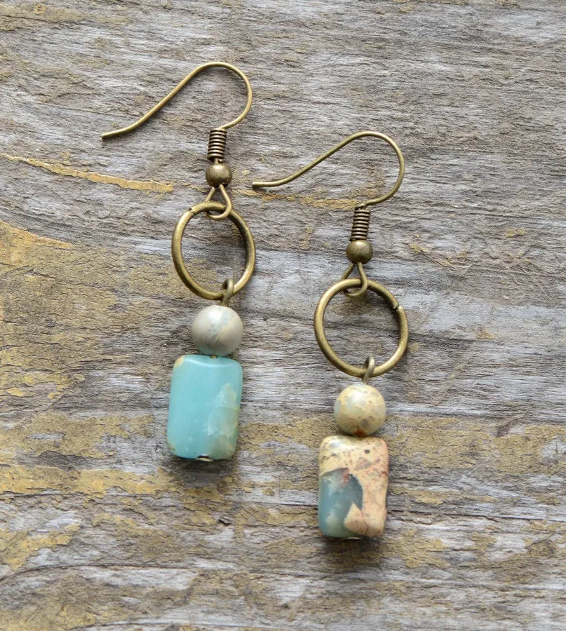 Jasper Agate Natural Stone Drop Dangle Earrings Square bronze Boho Light Blue