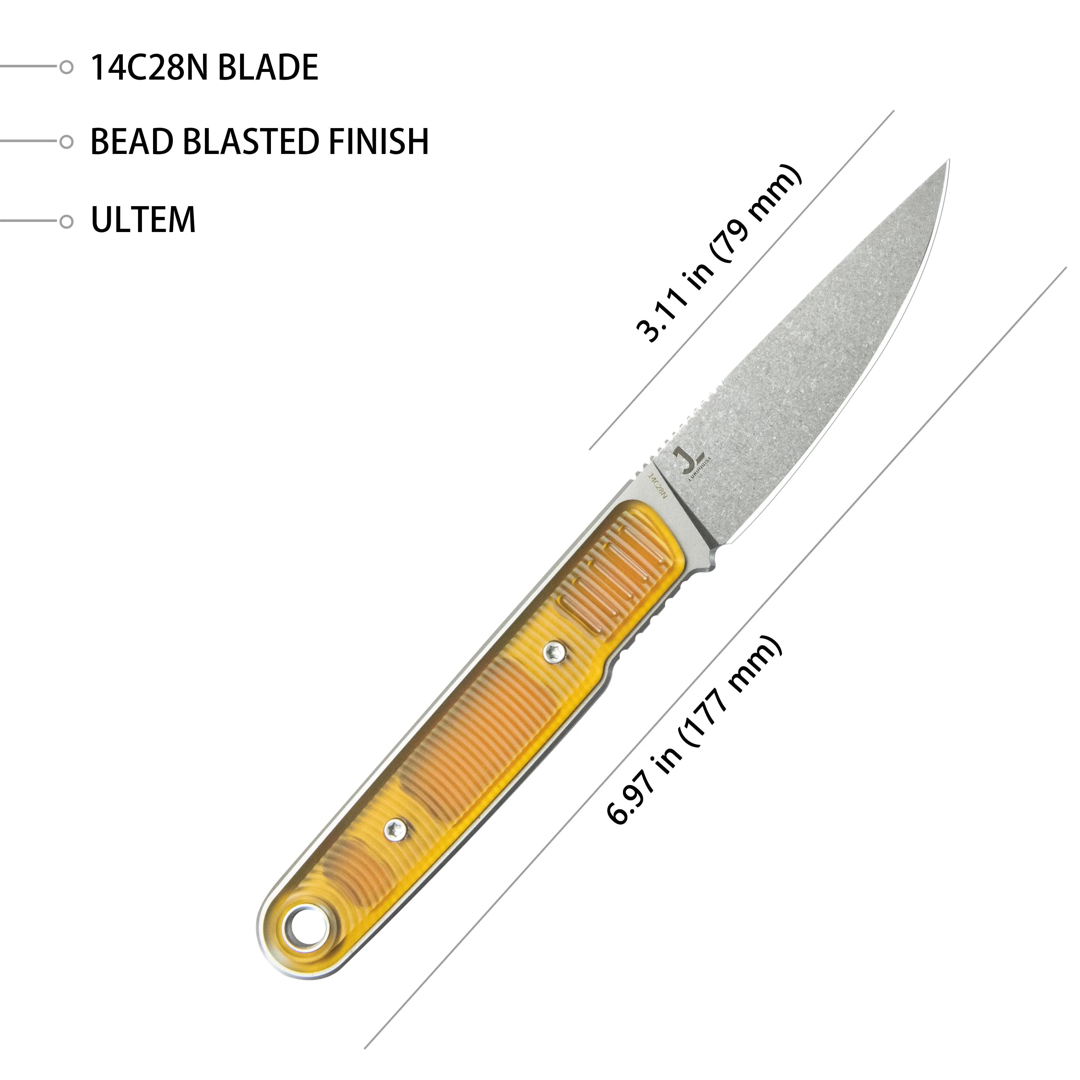 JL Drop Point Fixie Every Day Carry Fixed Blade Knife Ultem 3.11'' Drop Point Beadblast 14C28N KU356C