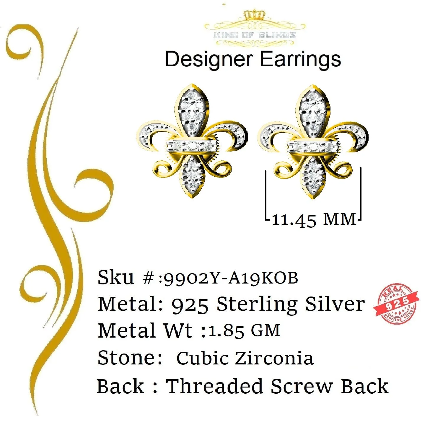 King of Bling's Yellow 0.35ct Cubic Zirconia 925 Silver Men's & Women's Fleur de Lis Earrings