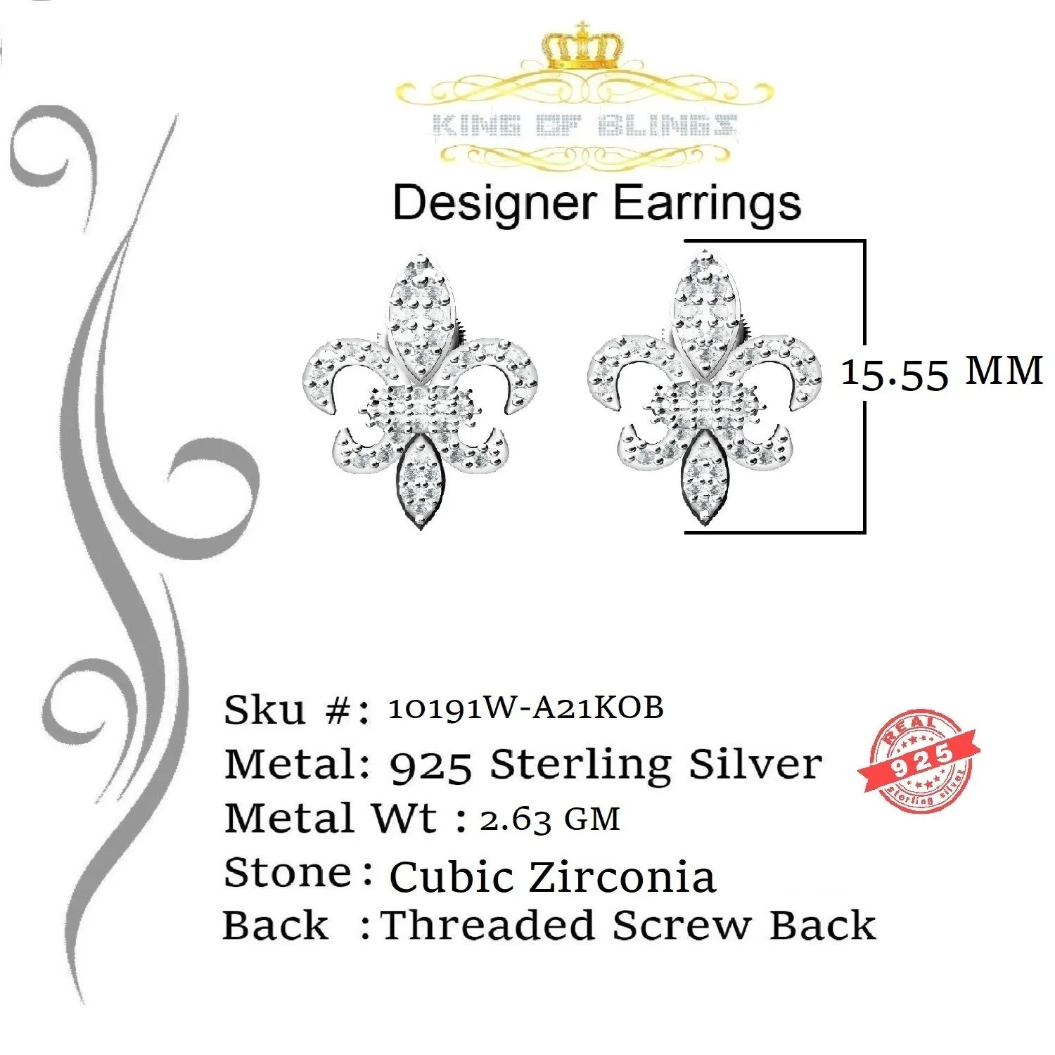 King of Blings- Fleur de Lis White 925 Silver Screw Back 0.96ct Cubic Zirconia Women's Earrings