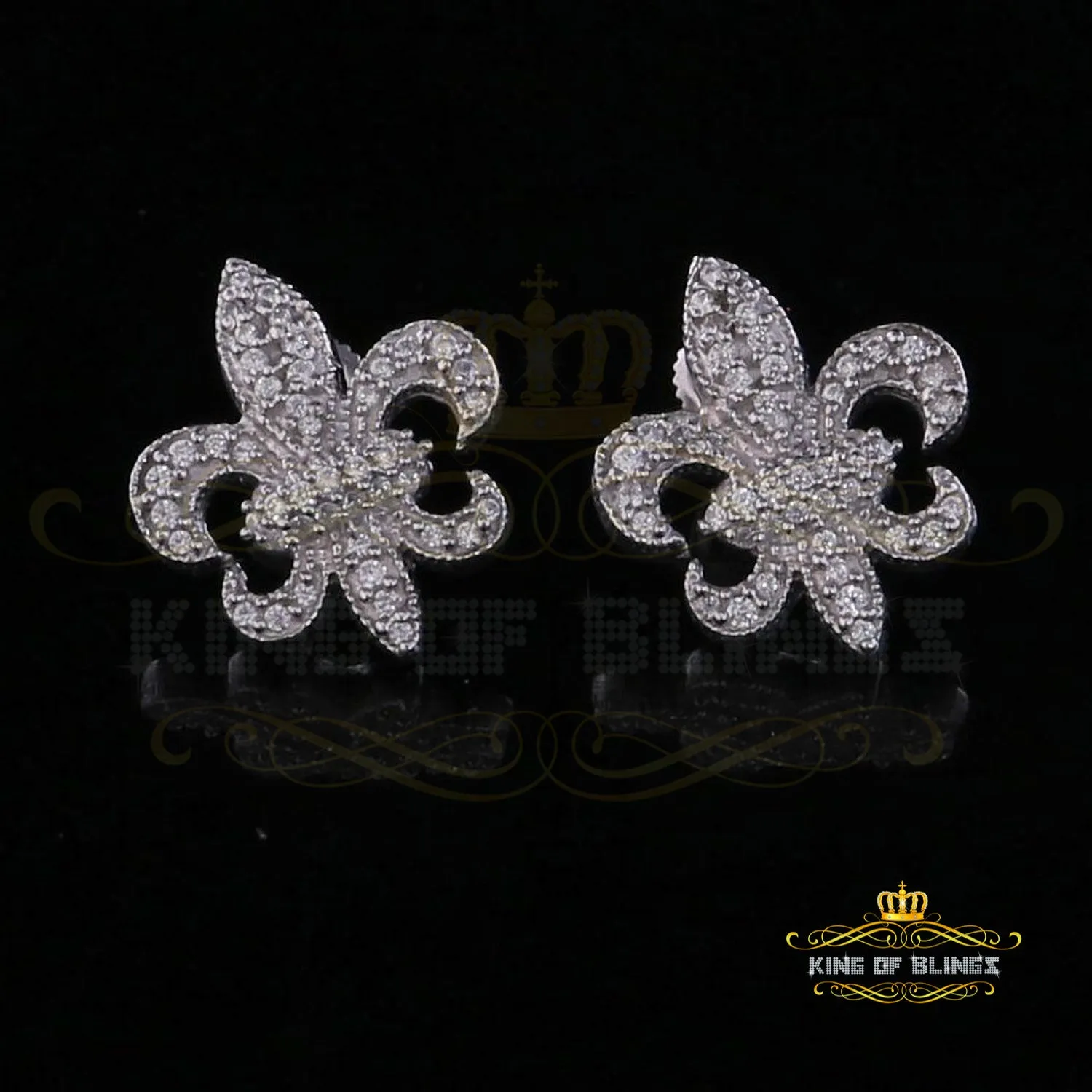 King of Blings- Fleur de Lis White 925 Silver Screw Back 0.96ct Cubic Zirconia Women's Earrings