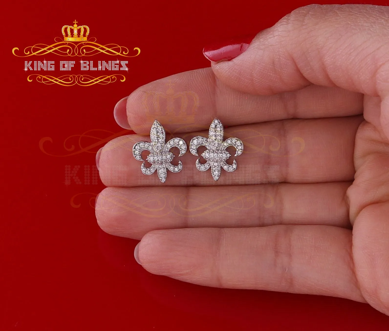 King of Blings- Fleur de Lis White 925 Silver Screw Back 0.96ct Cubic Zirconia Women's Earrings