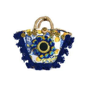 La Siciliana Bag - Coffa Paglia - Blue and Yellow Cloth with Tassels