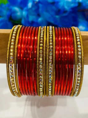 Lovely Red Color Beads studded Designer Metal Bangles