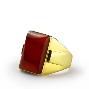 Men's Ring with Natural Red Agate Gemstone in 14k Yellow Gold