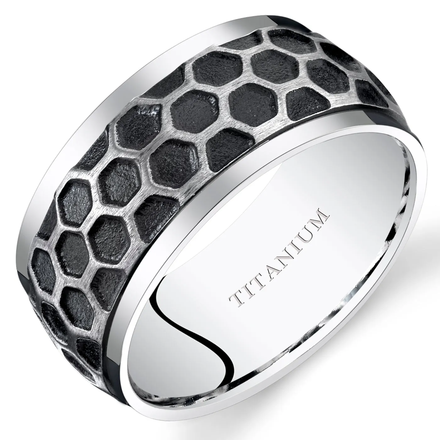 Mens Two Tone Hexagon Pattern Titanium Band 10mm Size 8