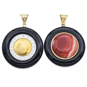 Milor Italy Lot of 2 14K Yellow Gold Onyx, Agate, Italian Lira Coin Pendants