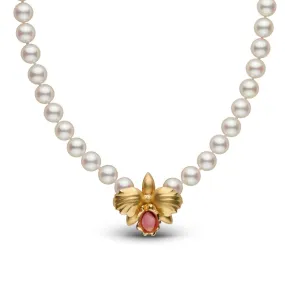 Monili Collection Cattleya Orchid Clasp with Natural Conch Pearl on Akoya Pearl Necklace