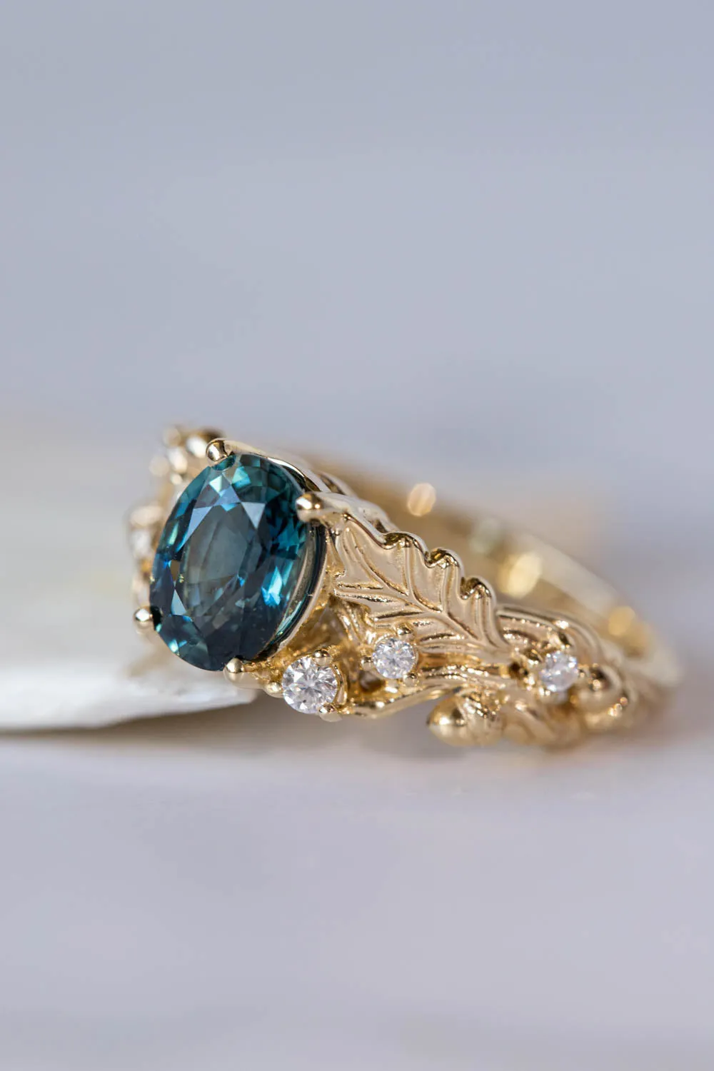 Oval sapphire engagement ring, gold oak leaves and diamonds promise ring / Silviya