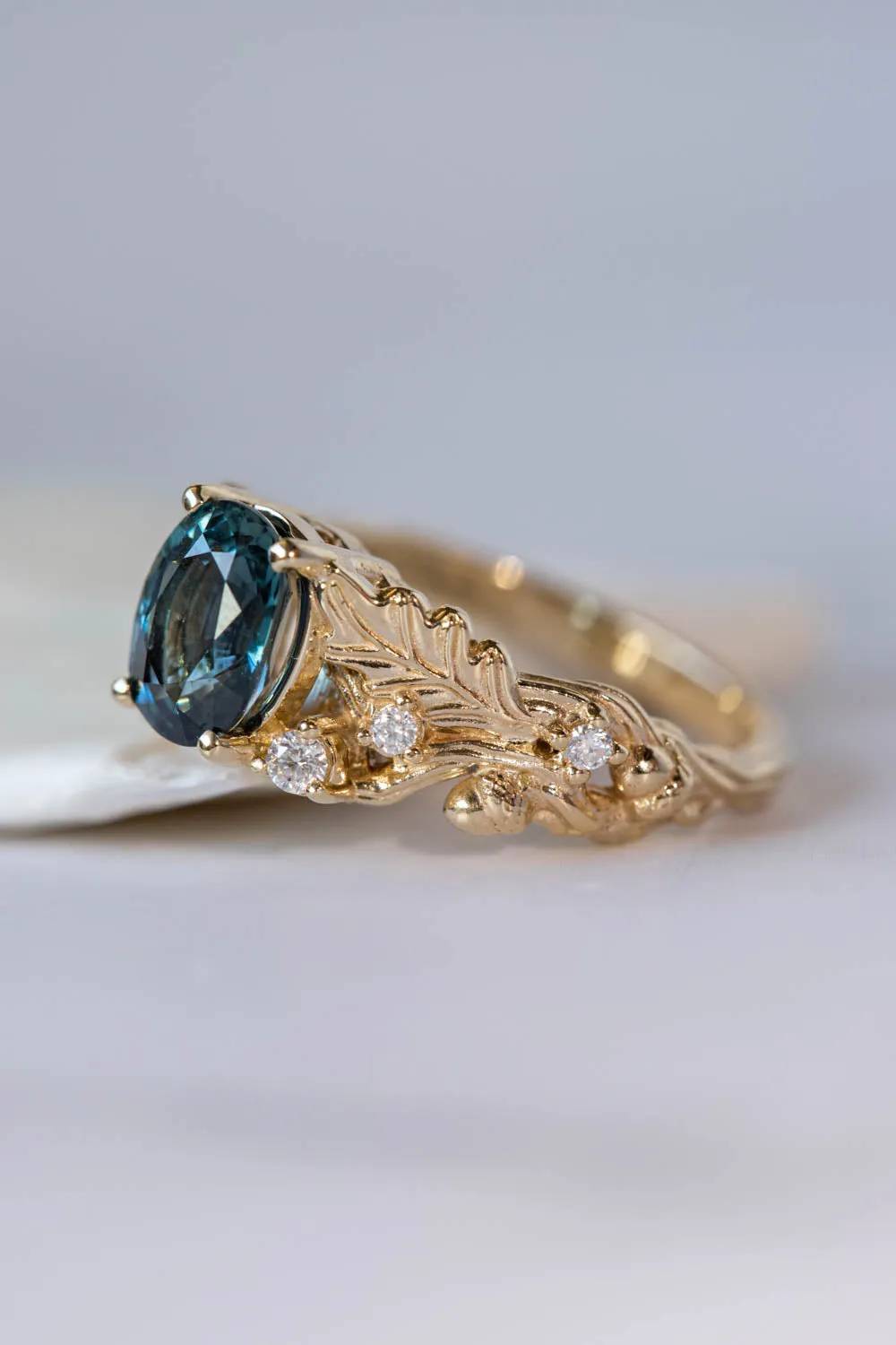 Oval sapphire engagement ring, gold oak leaves and diamonds promise ring / Silviya