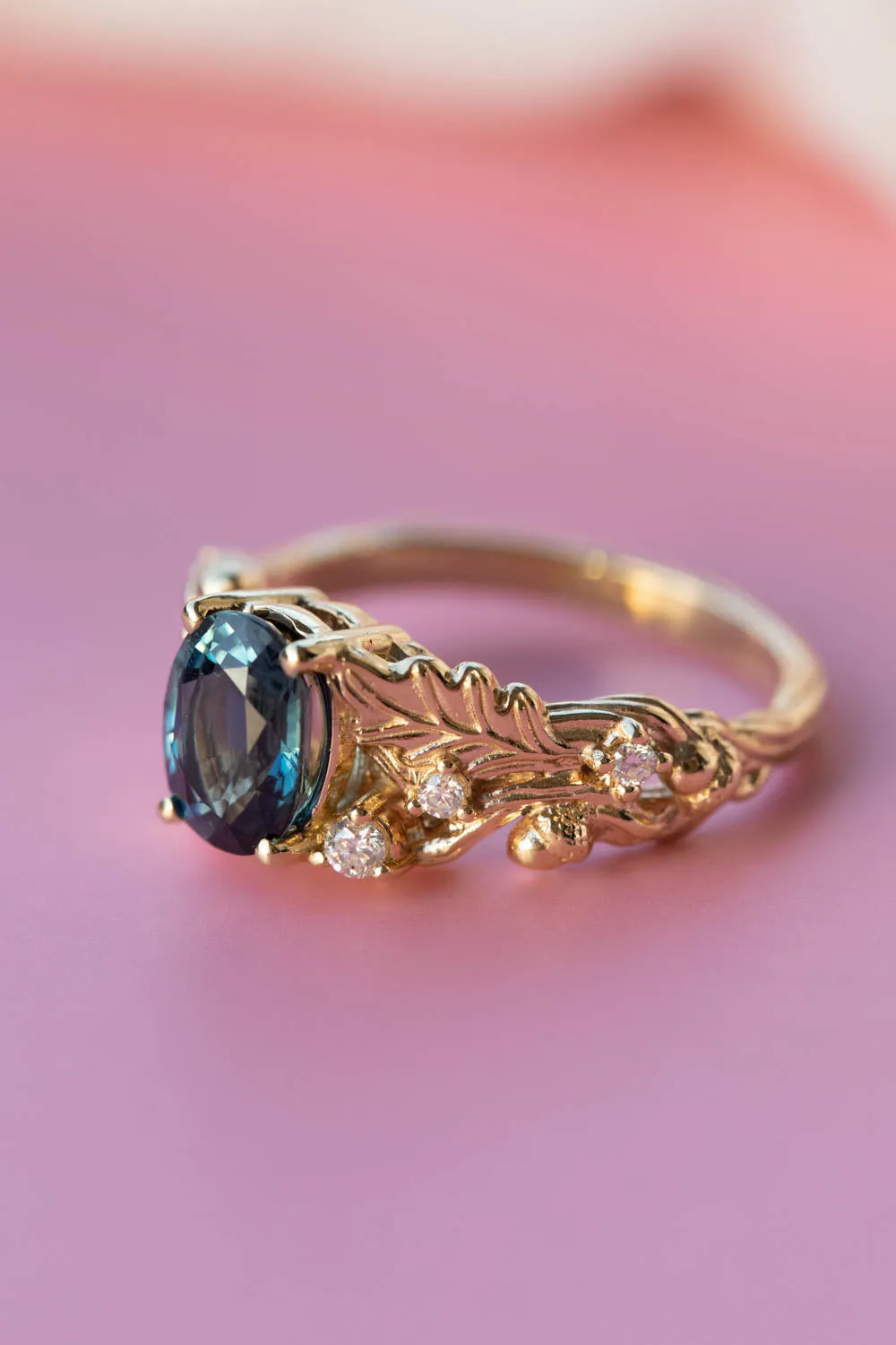 Oval sapphire engagement ring, gold oak leaves and diamonds promise ring / Silviya