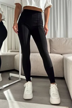 Pantalone leggings nero aderente in cotone spesso elasticizzato a vita alta con cuciture longitudinali