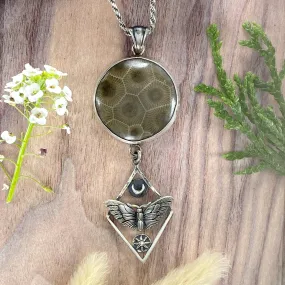 Petoskey Stone with Moth Charm Pendant Necklace