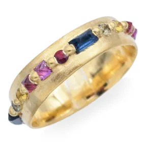 Polly Wales 18K Yellow Gold Rainbow Sapphire Wide Harlequin Nina Ring Size 7.5