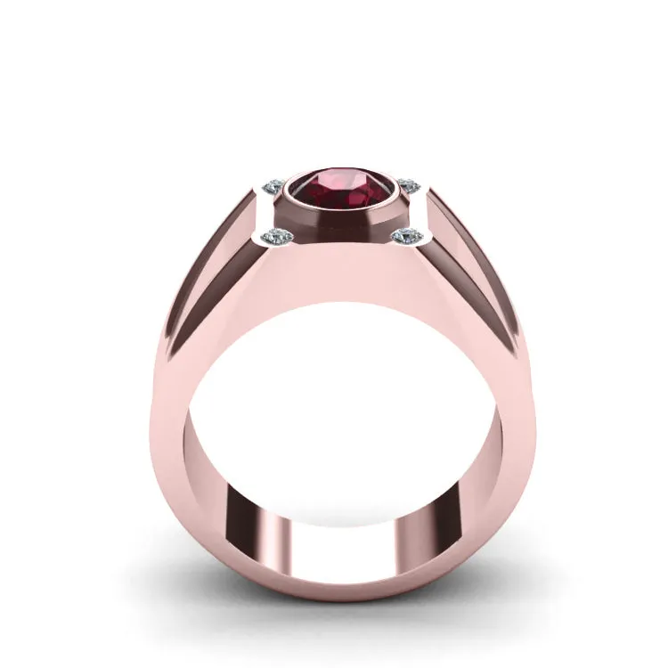 Ruby Gemstone Ring in SOLID 10K Rose Gold with 4 Genuine Diamonds Wide Band Red Stone Ring