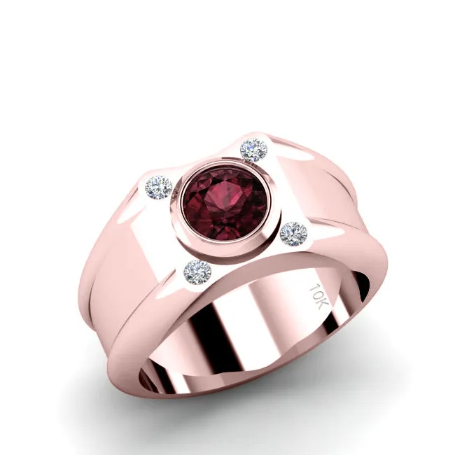 Ruby Gemstone Ring in SOLID 10K Rose Gold with 4 Genuine Diamonds Wide Band Red Stone Ring