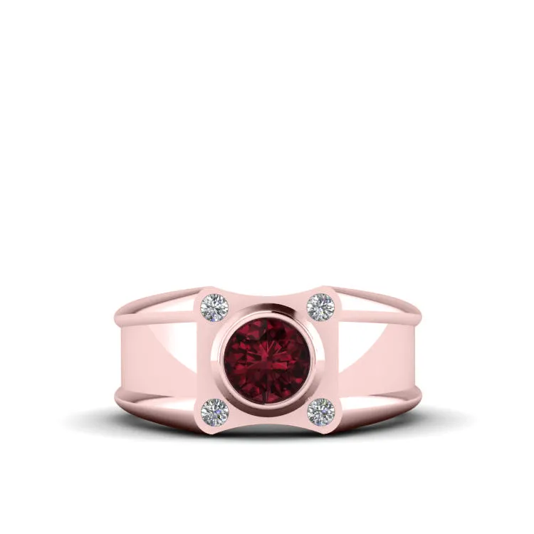 Ruby Gemstone Ring in SOLID 10K Rose Gold with 4 Genuine Diamonds Wide Band Red Stone Ring