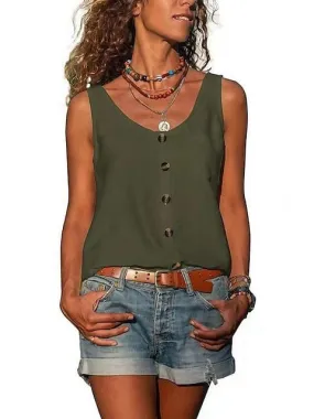 Sleeveless Army Green V-Neck T-shirt with Cute Kitten Design for Women