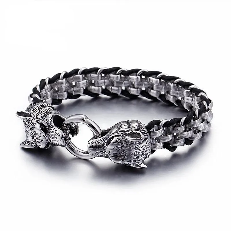 Stainless Steel Braided Leather Double Wolf Viking Bracelet