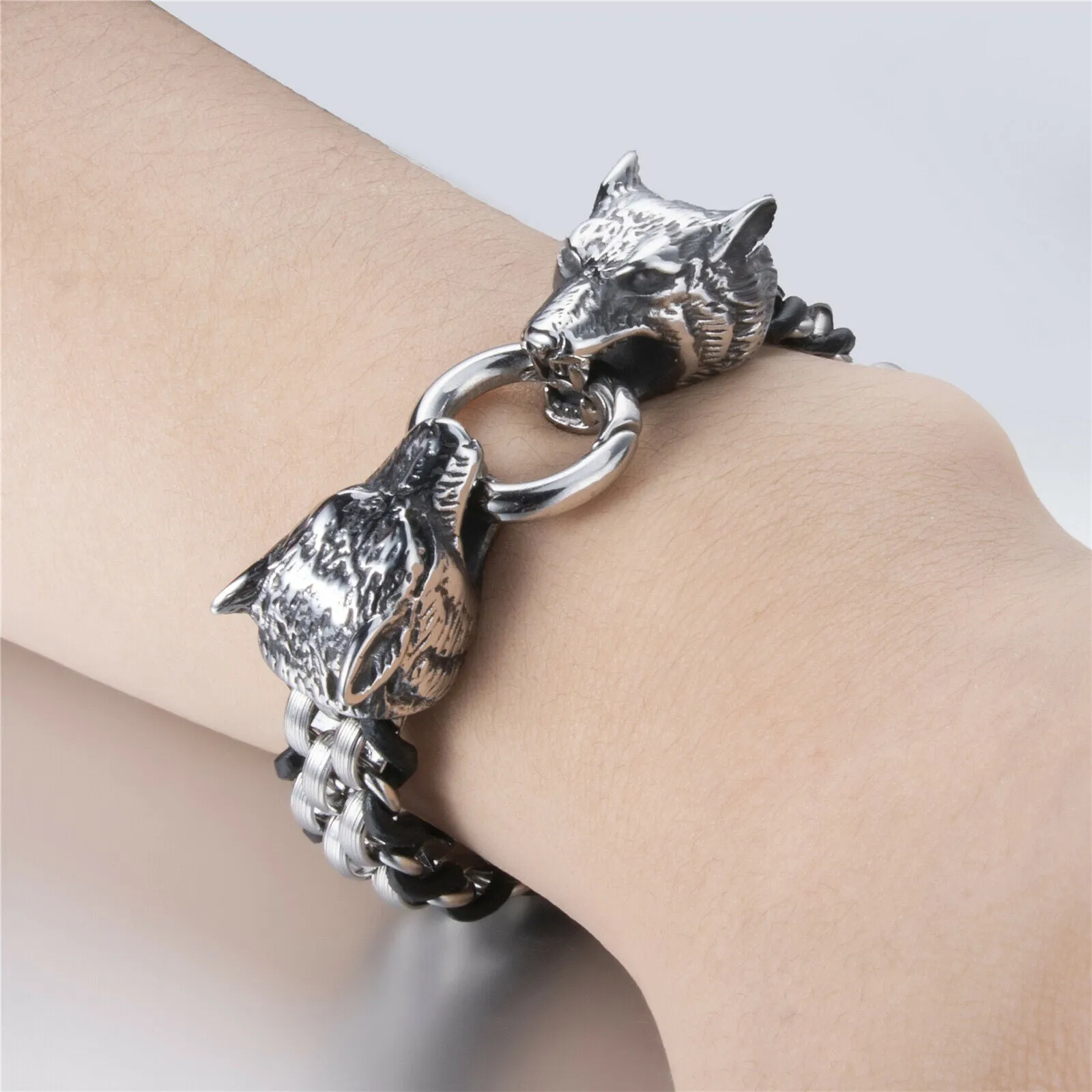 Stainless Steel Braided Leather Double Wolf Viking Bracelet