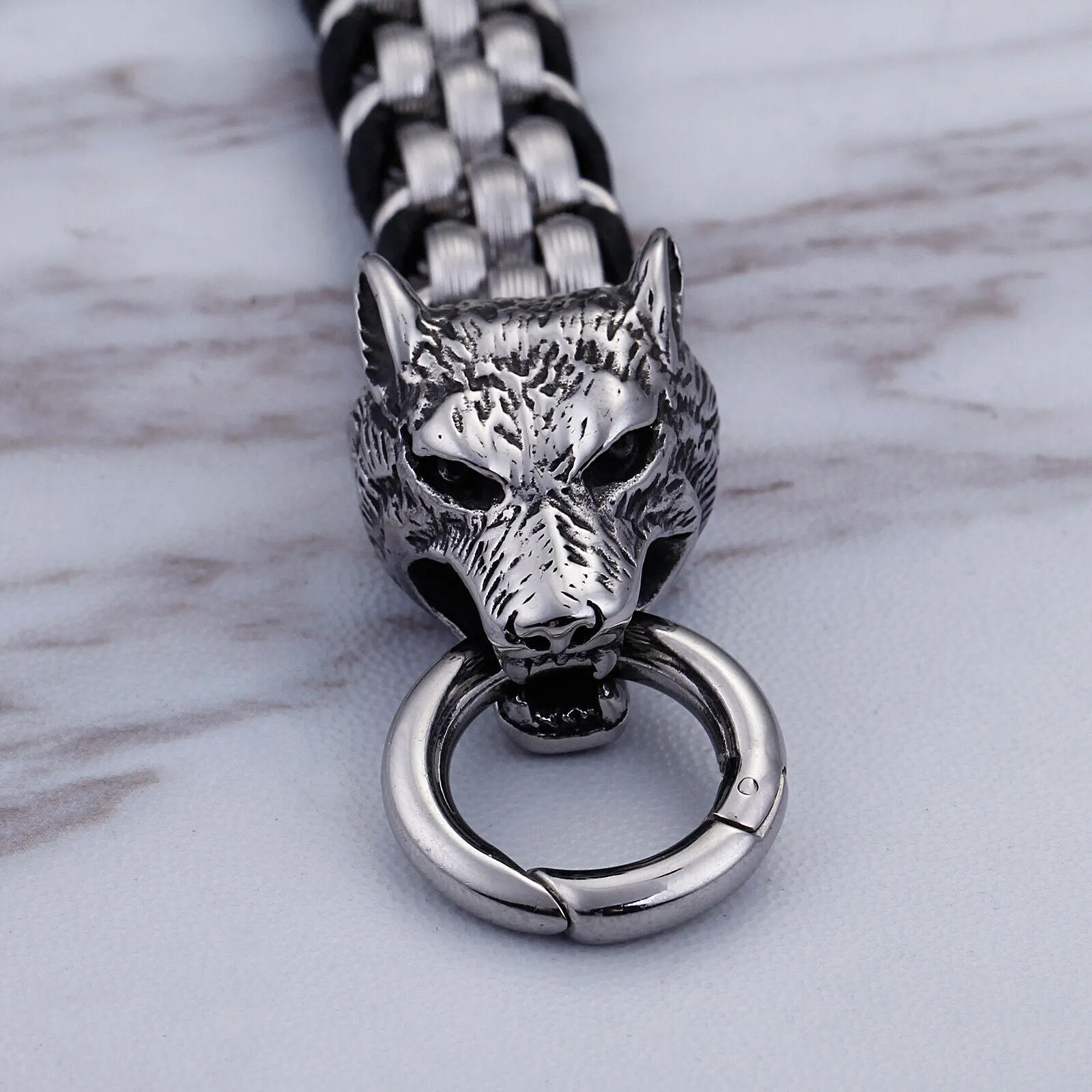 Stainless Steel Braided Leather Double Wolf Viking Bracelet