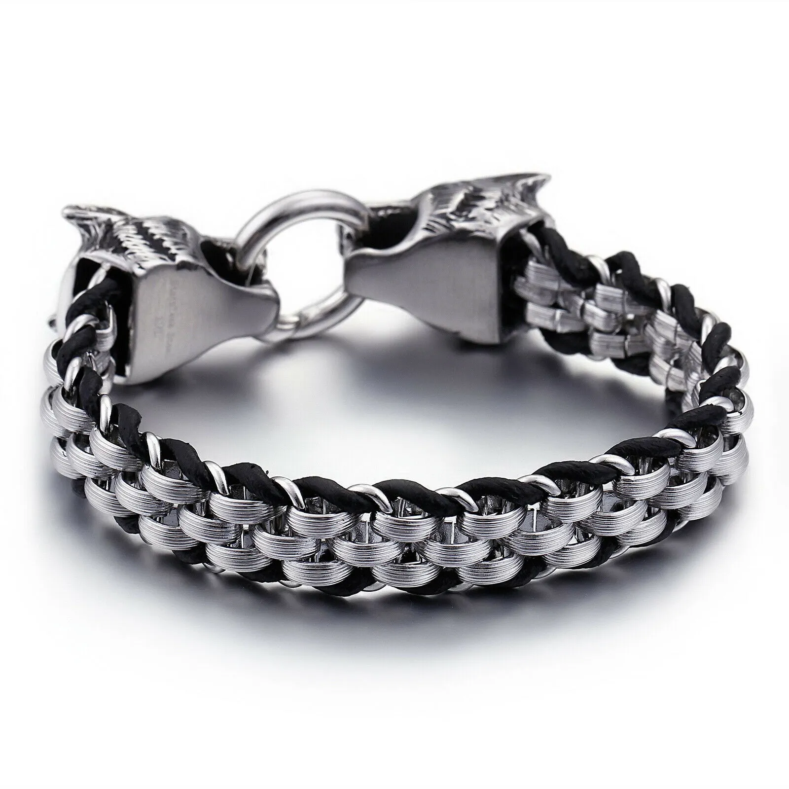 Stainless Steel Braided Leather Double Wolf Viking Bracelet