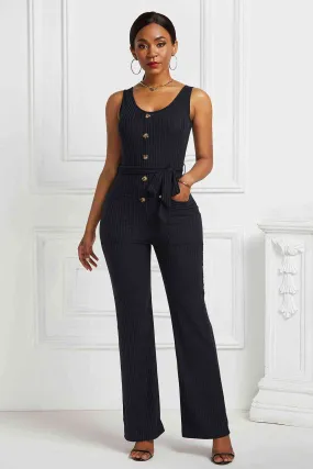 Sunset and Swim Button Detail Tie Waist Jumpsuit with Pockets