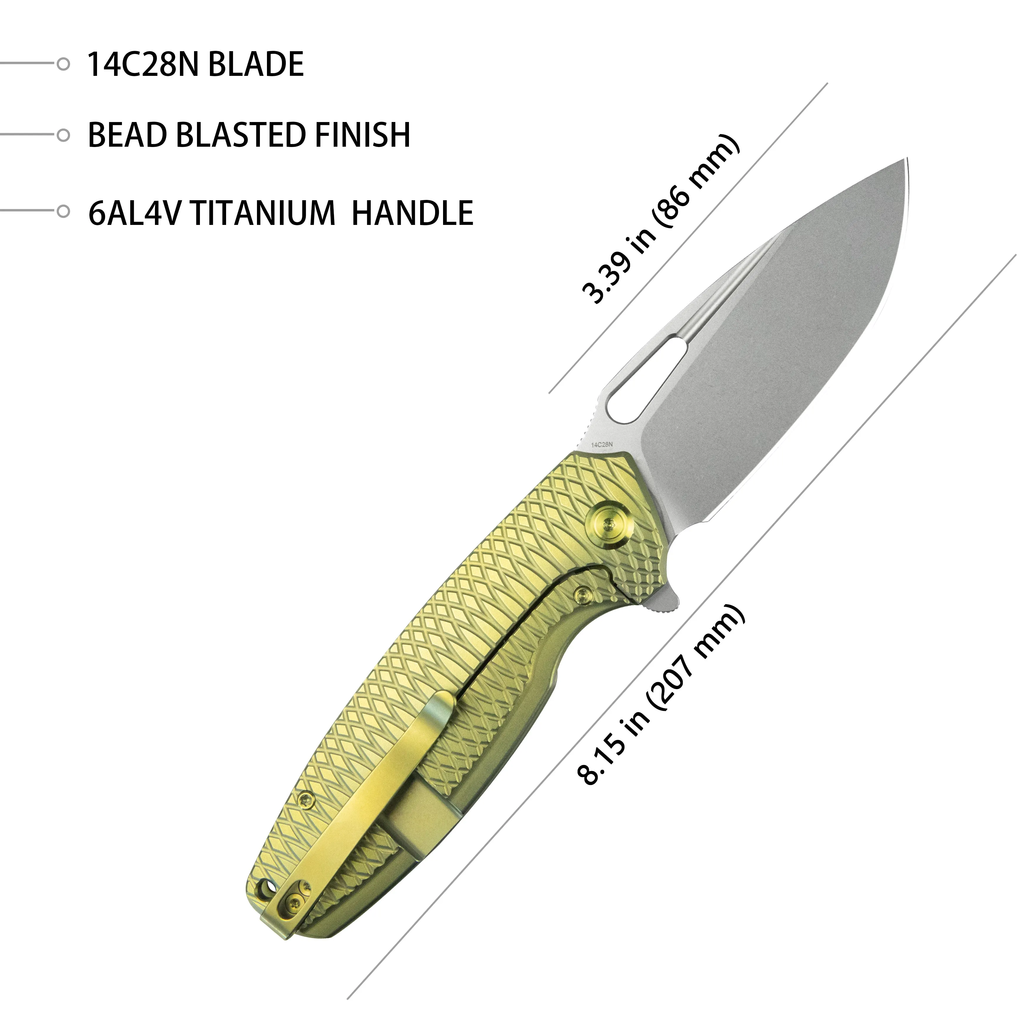 Tityus Frame Lock Flipper Folding Knife Gold Pattern Titanium Handle 3.39 Beadblast 14C28N KB360G